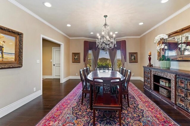 26780 Camino Seco, Temecula, CA 92590 - dining area with a chandelier, wood finished floors, recessed lighting, baseboards, and ornamental molding