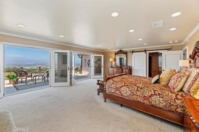 26780 Camino Seco, Temecula, CA 92590 - bedroom with access to exterior, carpet flooring, ornamental molding, recessed lighting, and a barn door