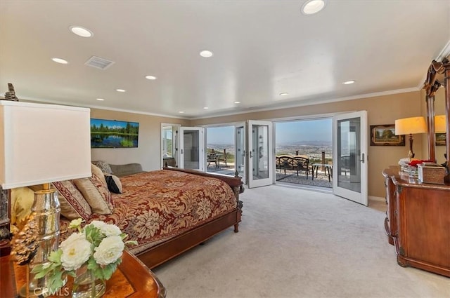26780 Camino Seco, Temecula, CA 92590 - bedroom featuring access to exterior, light carpet, ornamental molding, and recessed lighting
