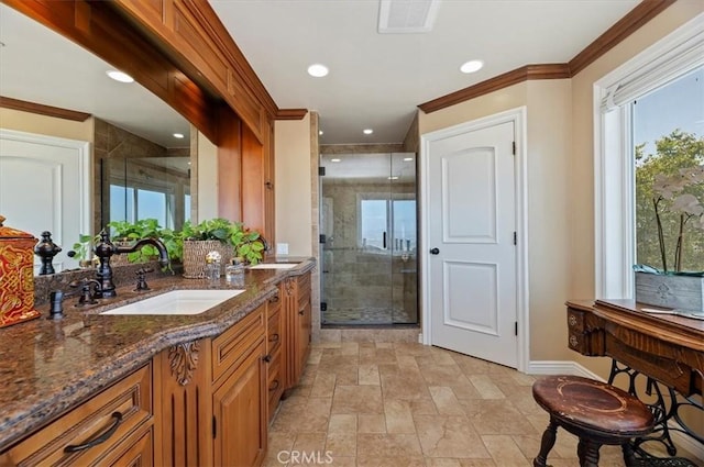 26780 Camino Seco, Temecula, CA 92590 - full bathroom featuring a shower stall, plenty of natural light, crown molding, vanity, and recessed lighting