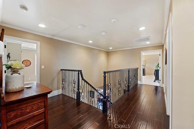 26780 Camino Seco, Temecula, CA 92590 - corridor with an upstairs landing, recessed lighting, wood finished floors, and crown molding