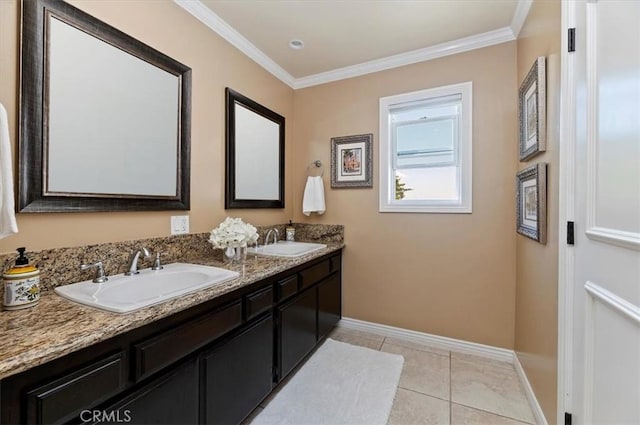 26780 Camino Seco, Temecula, CA 92590 - full bathroom featuring double vanity, ornamental molding, and tile patterned flooring