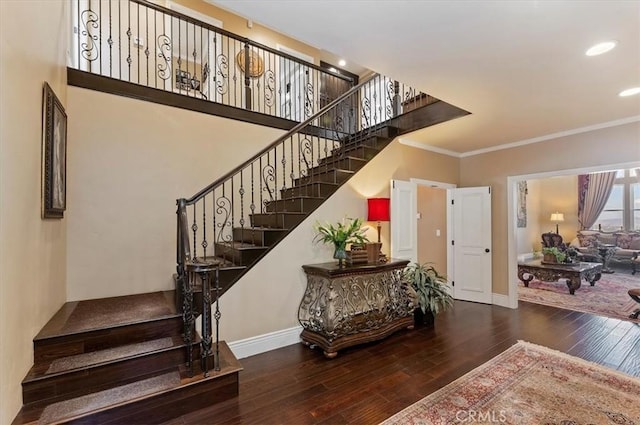 26780 Camino Seco, Temecula, CA 92590 - stairway featuring wood-type flooring, crown molding, and recessed lighting