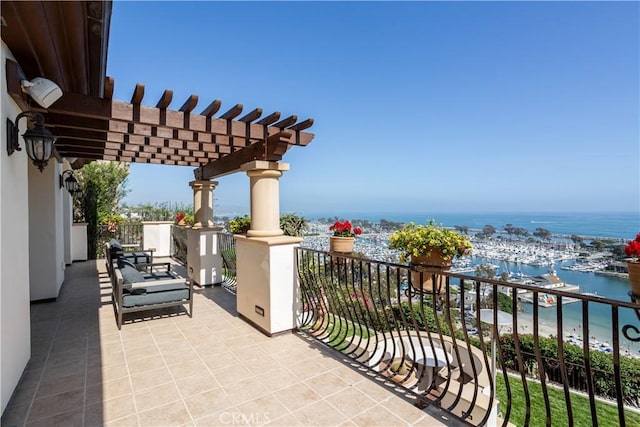 24352 Santa Clara Ave, Dana Point, CA 92629 - patio / terrace featuring a water view, a pergola, and view of marina