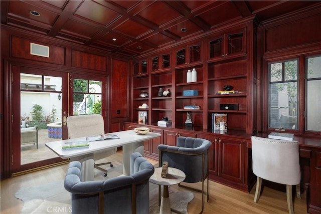 24352 Santa Clara Ave, Dana Point, CA 92629 - home office with built in shelves, light wood finished floors, coffered ceiling, built in study area, and wooden walls