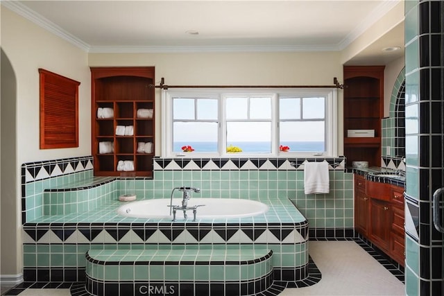 24352 Santa Clara Ave, Dana Point, CA 92629 - bathroom featuring a bath, vanity, ornamental molding, and tile patterned floors