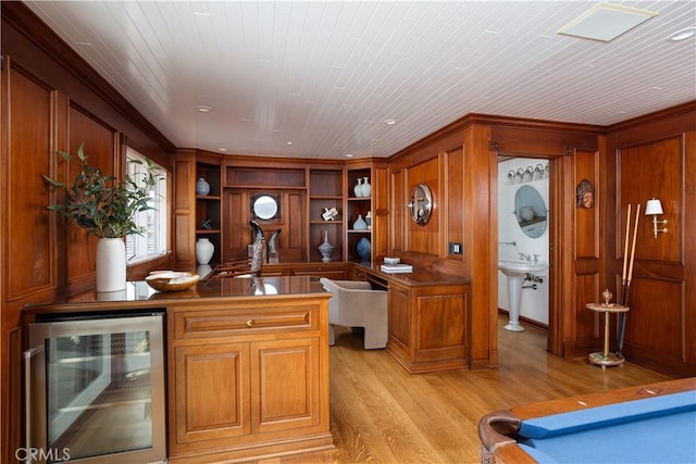 24352 Santa Clara Ave, Dana Point, CA 92629 - office area featuring wine cooler, light wood-type flooring, and wood ceiling