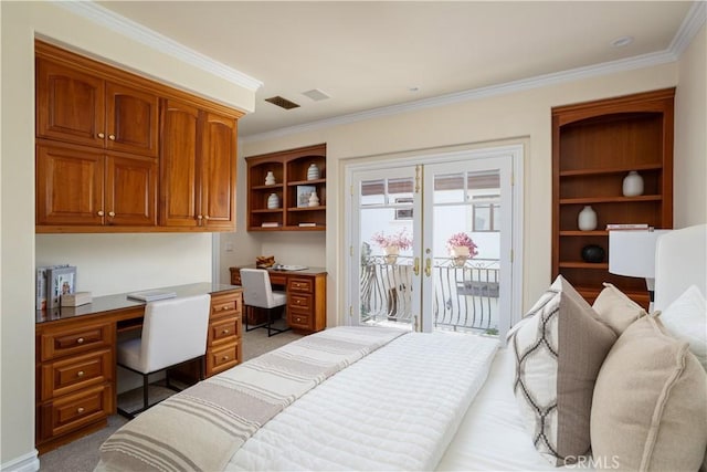 24352 Santa Clara Ave, Dana Point, CA 92629 - bedroom featuring built in desk, access to exterior, ornamental molding, and carpet floors