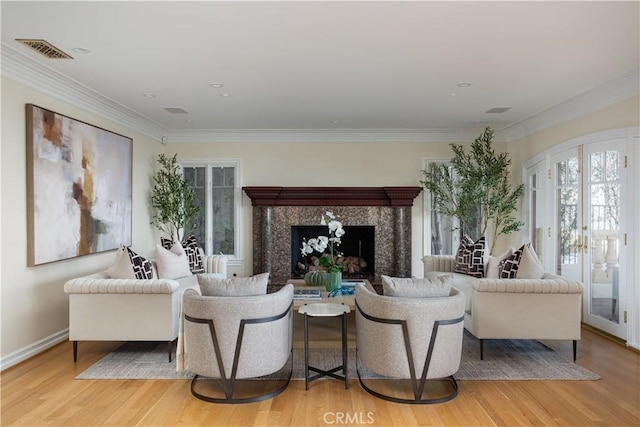 24352 Santa Clara Ave, Dana Point, CA 92629 - living room with light wood-style floors, ornamental molding, and a high end fireplace