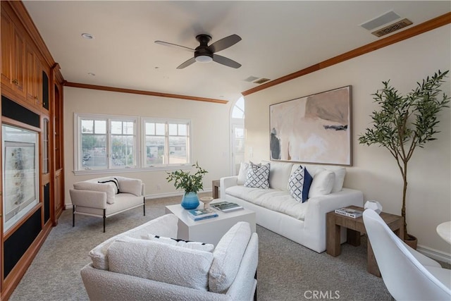 24352 Santa Clara Ave, Dana Point, CA 92629 - living area with carpet, a ceiling fan, and crown molding