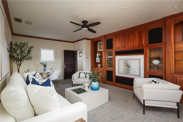 24352 Santa Clara Ave, Dana Point, CA 92629 - living area featuring ceiling fan, light carpet, crown molding, built in shelves, and recessed lighting