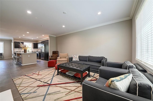 2303 Jefferson St Unit 1215, Torrance, CA 90501 - living area featuring crown molding, recessed lighting, light tile patterned floors, and baseboards