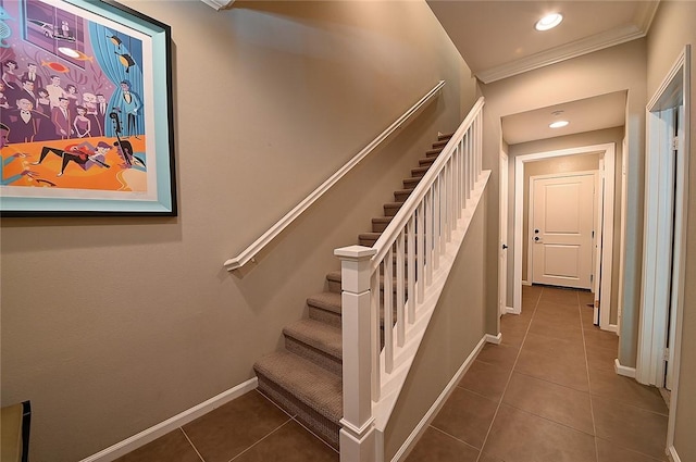 2303 Jefferson St Unit 1215, Torrance, CA 90501 - stairs with tile patterned floors, ornamental molding, baseboards, and recessed lighting