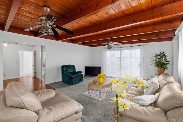 carpeted living area featuring wood ceiling, ceiling fan, and beamed ceiling