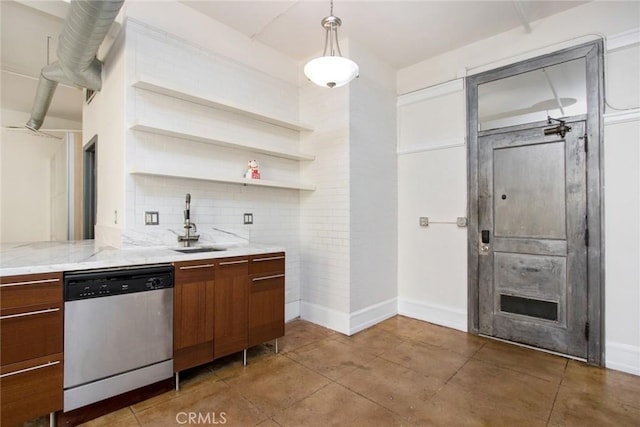 108 W 2nd St Unit 610, Los Angeles, CA 90012 - kitchen featuring dishwasher, light stone countertops, a sink, and baseboards