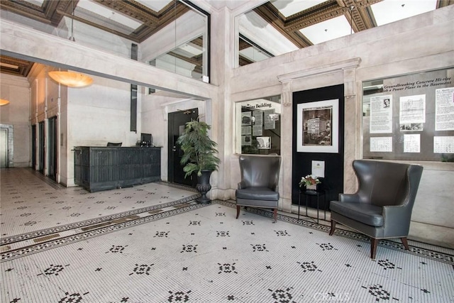 108 W 2nd St Unit 610, Los Angeles, CA 90012 - lobby with coffered ceiling, a high ceiling, and beam ceiling