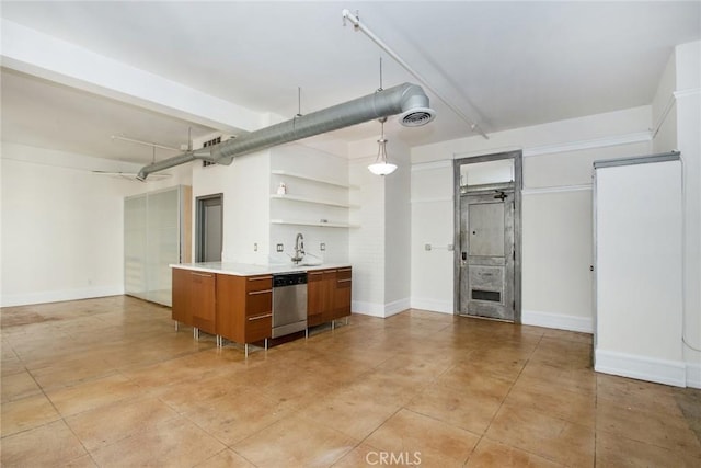 108 W 2nd St Unit 610, Los Angeles, CA 90012 - bar area featuring dishwasher, a sink, baseboards, light tile patterned flooring, and pendant lighting