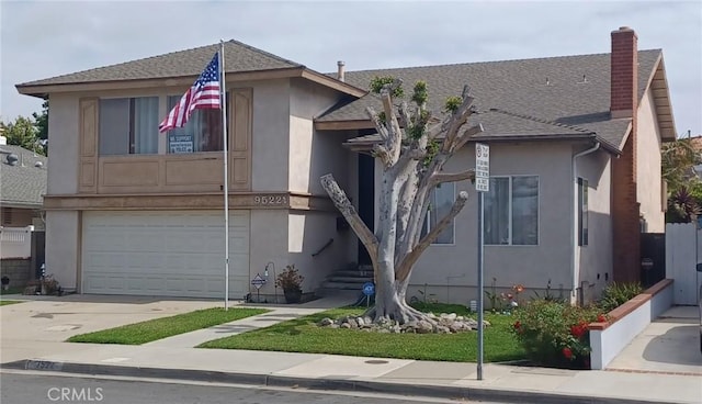 9522 Yellowstone Dr, Huntington Beach, CA 92646 - view of front facade featuring an attached garage, stucco siding, driveway, a shingled roof, and a chimney