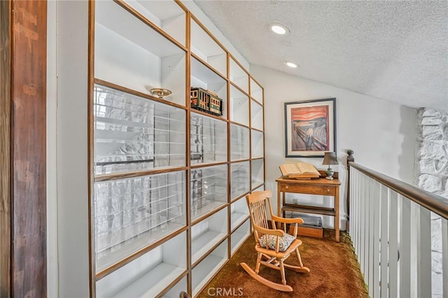 9522 Yellowstone Dr, Huntington Beach, CA 92646 - hall with a textured ceiling, carpet flooring, lofted ceiling, and recessed lighting