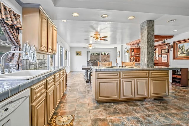 9522 Yellowstone Dr, Huntington Beach, CA 92646 - kitchen featuring dishwasher, a ceiling fan, tile counters, and recessed lighting