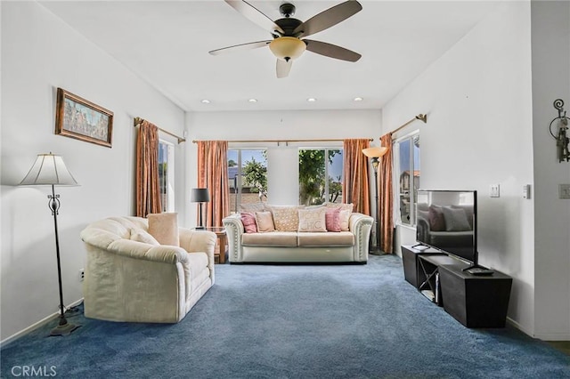 9522 Yellowstone Dr, Huntington Beach, CA 92646 - carpeted living area featuring a ceiling fan and recessed lighting
