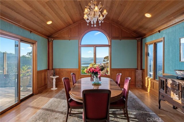 2743 Rodman Dr, Los Osos, CA 93402 - dining space featuring wood finished floors, lofted ceiling, wainscoting, wood ceiling, and a chandelier