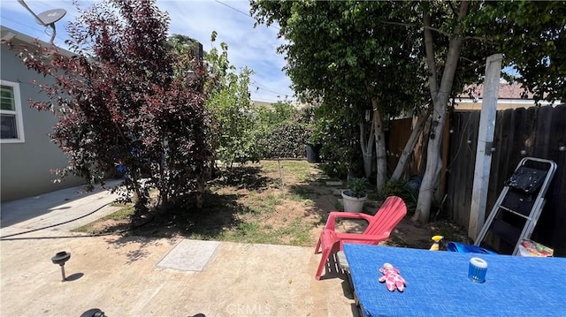 view of yard with fence and a patio