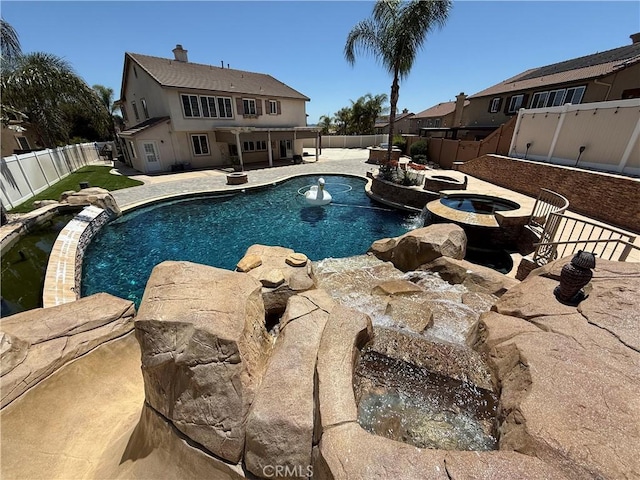 36613 Wandering Pl, Murrieta, CA 92563 - view of pool with a pool with connected hot tub, a fenced backyard, an outdoor fire pit, and a patio