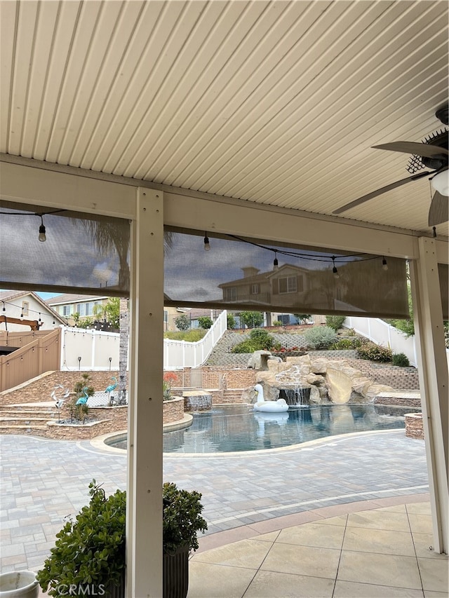 36613 Wandering Pl, Murrieta, CA 92563 - view of pool with a fenced backyard, a patio area, and a ceiling fan