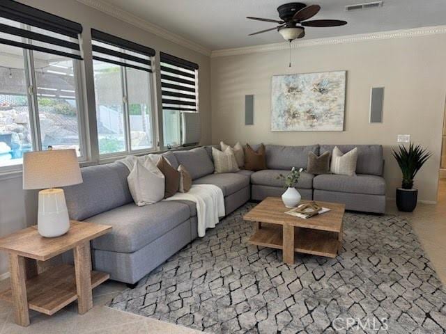 36613 Wandering Pl, Murrieta, CA 92563 - living room with a ceiling fan, crown molding, and tile patterned floors