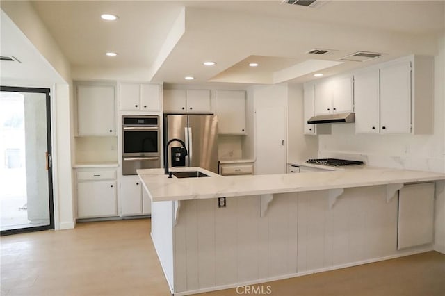 16109 Chuka Ave, Palmdale, CA 93591 - kitchen with stainless steel appliances, under cabinet range hood, a peninsula, a warming drawer, and a tray ceiling