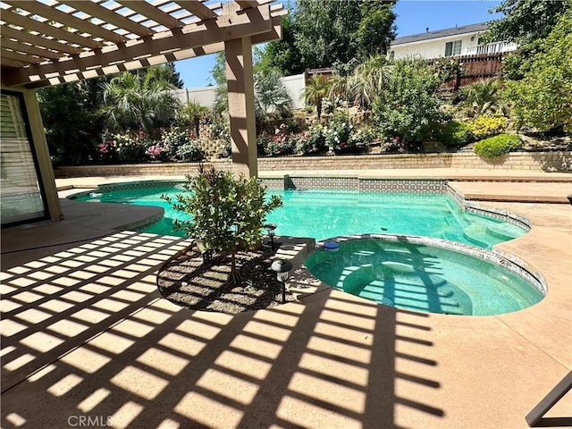 25453 Via Novia, Valencia, CA 91355 - view of swimming pool with a pool with connected hot tub, a pergola, a fenced backyard, and a patio