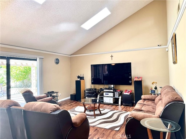 25453 Via Novia, Valencia, CA 91355 - living area featuring vaulted ceiling, wood finished floors, ornamental molding, a textured ceiling, and baseboards
