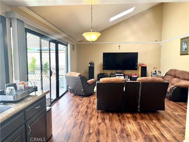 25453 Via Novia, Valencia, CA 91355 - living area featuring dark wood finished floors, crown molding, vaulted ceiling, and a textured ceiling