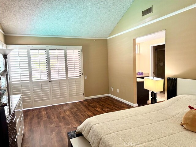 25453 Via Novia, Valencia, CA 91355 - bedroom with vaulted ceiling, crown molding, a textured ceiling, wood finished floors, and baseboards