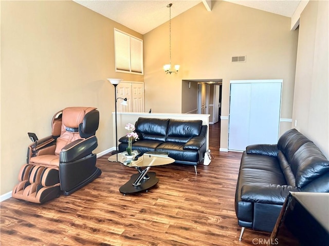 25453 Via Novia, Valencia, CA 91355 - living room with wood finished floors, baseboards, high vaulted ceiling, a chandelier, and beamed ceiling