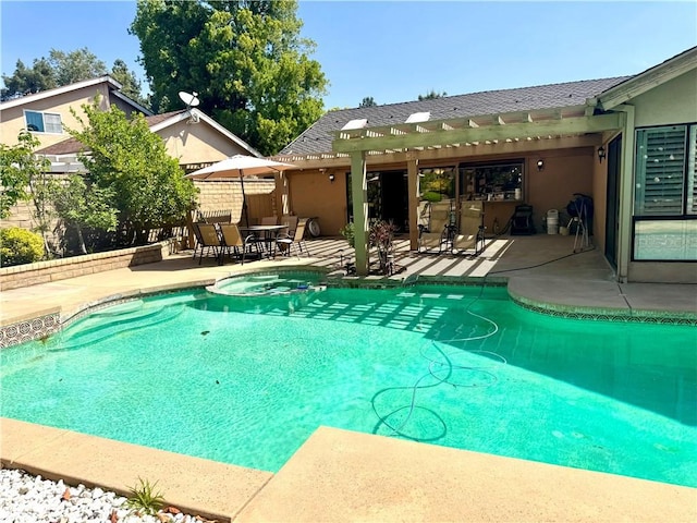 25453 Via Novia, Valencia, CA 91355 - view of swimming pool featuring a patio area, a pergola, fence, and a pool with connected hot tub