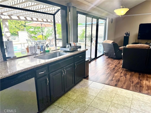 25453 Via Novia, Valencia, CA 91355 - kitchen featuring dishwasher, a sink, crown molding, light tile patterned flooring, and open floor plan