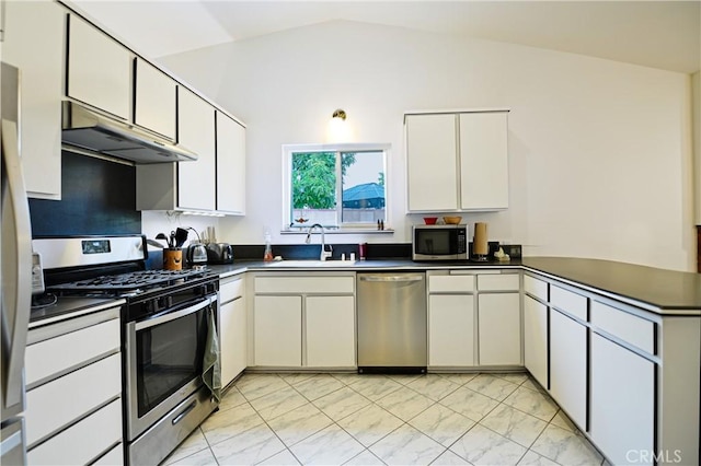 13142 Reedley St, Arleta, CA 91331 - kitchen with appliances with stainless steel finishes, under cabinet range hood, light marble finish flooring, lofted ceiling, and a sink