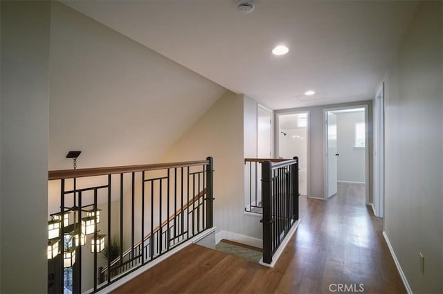 2521 Wildrose Ln, Upland, CA 91784 - hall featuring an upstairs landing, wood finished floors, and recessed lighting