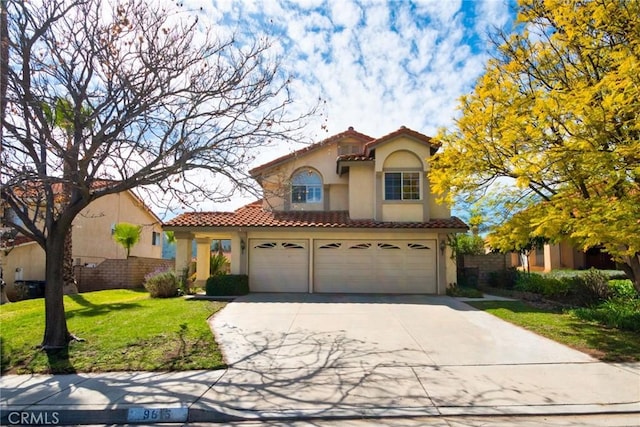 9615 Shadow Springs Dr, Moreno Valley, CA 92557 - mediterranean / spanish-style house featuring stucco siding, a tile roof, a garage, driveway, and a front yard