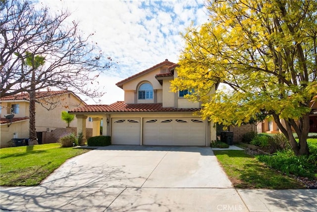 9615 Shadow Springs Dr, Moreno Valley, CA 92557 - mediterranean / spanish home featuring stucco siding, driveway, a tiled roof, a front yard, and an attached garage