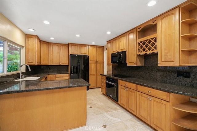 25412 Hugo Rd, Laguna Niguel, CA 92677 - kitchen featuring open shelves, black appliances, dark stone counters, recessed lighting, and tasteful backsplash