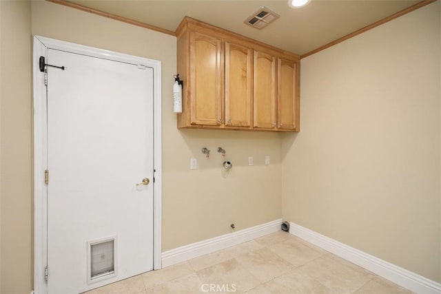 25412 Hugo Rd, Laguna Niguel, CA 92677 - laundry area with hookup for a gas dryer, cabinet space, crown molding, recessed lighting, and washer hookup