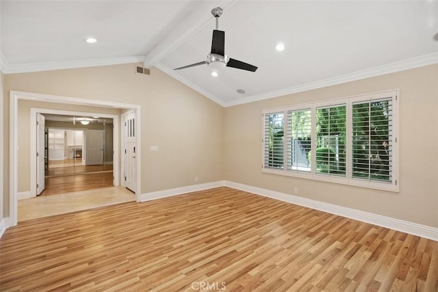 25412 Hugo Rd, Laguna Niguel, CA 92677 - unfurnished room with light wood-style floors, ceiling fan, vaulted ceiling, and ornamental molding