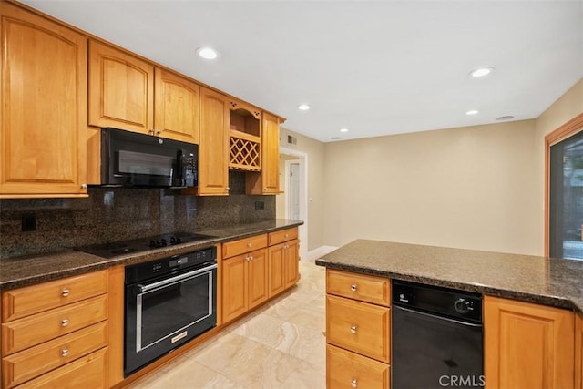 25412 Hugo Rd, Laguna Niguel, CA 92677 - kitchen with black appliances, tasteful backsplash, light marble finish floors, recessed lighting, and dark stone countertops