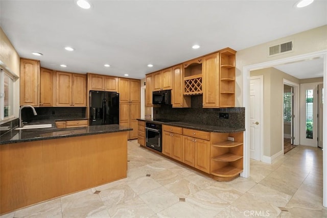 25412 Hugo Rd, Laguna Niguel, CA 92677 - kitchen featuring open shelves, black appliances, tasteful backsplash, dark stone counters, and a peninsula