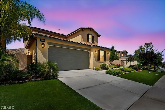 36438 Geranium Dr, Lake Elsinore, CA 92532 - mediterranean / spanish-style home with concrete driveway, stucco siding, a garage, and a tile roof