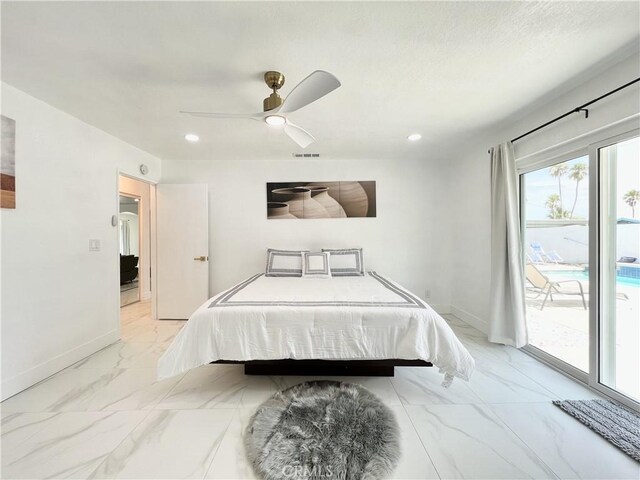 445 E San Rafael Dr, Palm Springs, CA 92262 - bedroom featuring access to outside, baseboards, light marble finish floors, recessed lighting, and ceiling fan