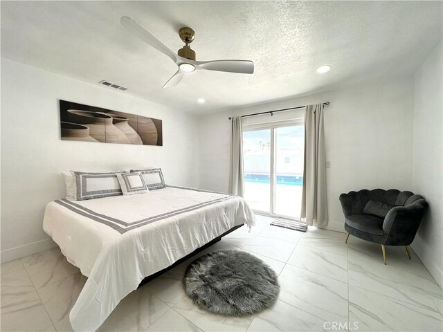 445 E San Rafael Dr, Palm Springs, CA 92262 - bedroom with light marble finish floors, access to outside, baseboards, a ceiling fan, and recessed lighting
